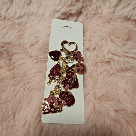 Pink Red Heart Love Keychain - Gold Pink And Red Bag Charm Purse Charm - Picture 1 of 3